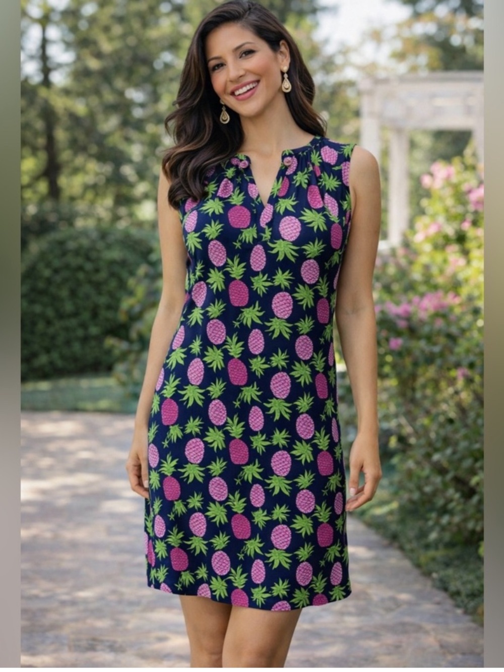 🩷💜Tracy Negoshian Navy & Pink Pineapple Print Sleeveless Dress 8💜🩷